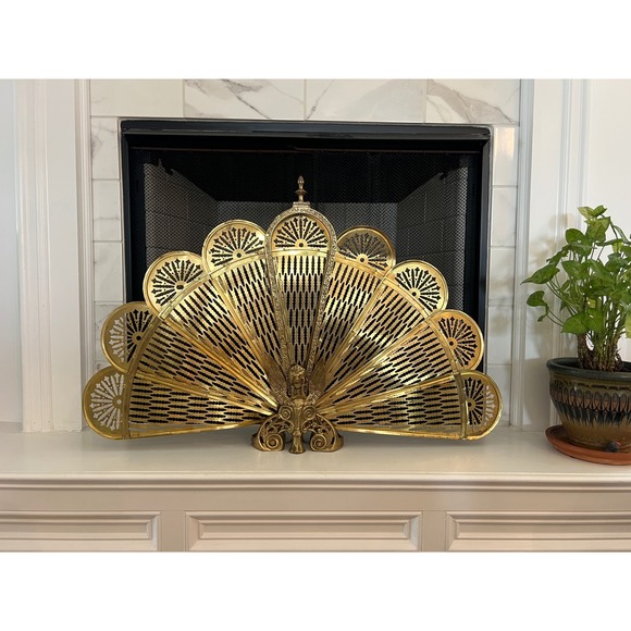 Vintage Brass Peacock Fan Fireplace Screen – 32" x 27" Tall – Ornate Sphinx Base - Picture 1 of 10